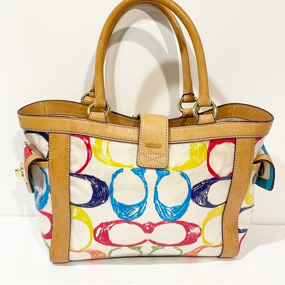 COACH Ltd Ed PVC MULTICOLOR SIGNATURE TSCRIBBLE C VACHETTA LEATHER BOXY TOTE BAG - Picture 7 of 7